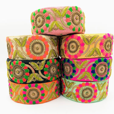 Orange Art Silk Lace Trim, Floral Embroidery in Green and Fuchsia, Hand Embroidered Border with Antique Gold beads and Gold Sequins